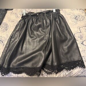 Large Black Faux Leather Skirt with Lace Trim